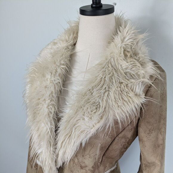 Vintage Guess Penny Lane Jacket M Tan Brown Suede Leather Y2K Boho Faux Fur Coat - Picture 1 of 11
